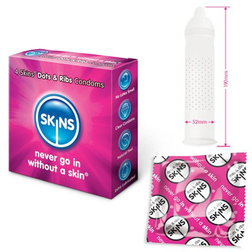 Skins Dots & Ribs - 4 erregende Kondome mit Rippen und Noppen - durchsichtiges Latex (kristallklar), kein Latexgeruch, anschiegsame Form