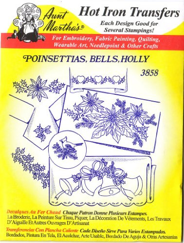 Poinsettias, Bells, Holly Aunt Martha's Hot Iron Embroidery Transfer by Aunt Martha's
