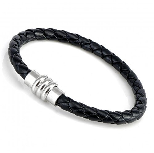 Gemini Armband (schwarz), Flechtarmband, hochwertiges Leder, Magnetverschluss polierter Edelstahl, edles Design für Boys, Girls, Herren, Damen, Unisex, 19,1 cm (Länge)