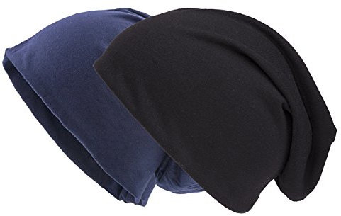 shenky Jersey Beanie | Frühlingsmütze | große Köpfe | dünne Sommermütze | für Damen & Männer | Unisex | Long Slouch Beanie | Doppelpack Schwarz + Navy XXL