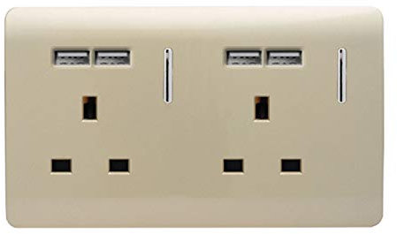 Trendi 2 Gang Artistic Modern Glossy Screwless Raised 13 Amp 240v Short 4 USB Type A Charging Points Double Chrome Switched Electrical Wall Plug Socket Champagne Gold - ART-SKT213USBGO