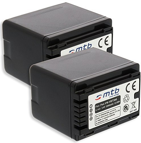 2 Batterie VW-VBT380 per Panasonic HC-V230, V250, V270.. / VFX979 ... v. lista! [3.6V - 3560mAh - Infochip (con indicazione del tempo rimanente di ripresa!)