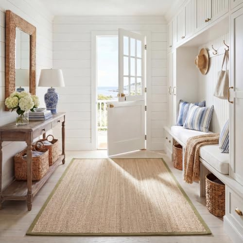 Safavieh Area Rug 6x9 - Natural Fiber Collection - Natural & Olive Green, Seagrass, Herringbone Pattern with Border (NF115G)