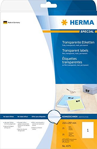 HERMA 4375 Wetterfeste Folienetiketten transparent, 800 Blatt, 210 x 297 mm, 1 pro A4 Bogen, 800 Stück, selbstklebend, bedruckbar, matt, blanko Klebeetiketten Aufkleber aus Folie, durchsichtig