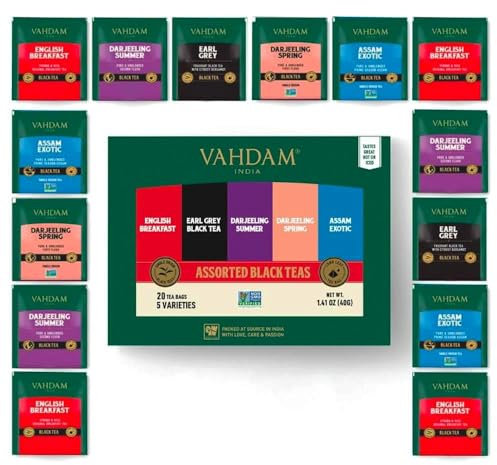 VAHDAM, Schwarzer tee Probierset | 5 Geschmacksrichtungen, 20 Teebeutel | Teesortenpackung, Langblatt Pyramide Schwarzer Teebeutel | Geschenke Für Frauen & Männer | SchwarzTee Sortiment