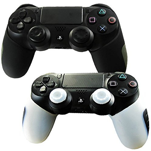 DOTBUY 2 x PS4 Dicker Hälfte Silikon Schutzhülle Sleeve + 4 Analog Cups Silikon Thumb Grips für Sony Playstation 4 Controller - Bundle (Black,White)