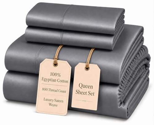 Queen Sheet Set For Queen Size Bed, Egyptian Cotton Sheets Queen Size With Bedding Sheets & Pillowcases. 800 TC Queen Bedding Hotel Sheets With Deep Pocket Queen Sheets (Fits Upto 18) - Charcoal