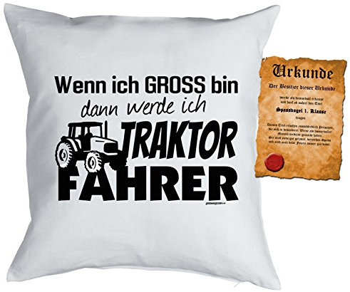 Landwirt Bauer Kissen Sprüche Kuschelkissen Traktor : werde ich Traktor Fahrer - Kissen ohne Füllung + Urkunde - Farbe: Weiss