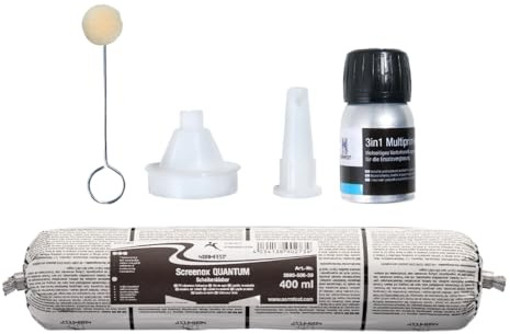 Screenox Quantum Set hochmoduliger PU Scheibenkleber Beutel Komplettset 1K Kleber mit 3in1 Multiprimer Bürste Adapter Kartuschenspitze lösemittelfrei kalt verarbeitbar kurze Wegfahrzeit 400ml