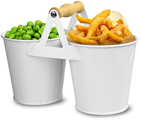 dine@drinkstuff Double Bucket Condiment Caddy - White Galvanised Steel Cutlery Table Tidy and Utensil Organiser