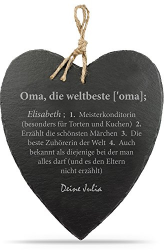 Casa Vivente Schieferherz mit Gravur – Definition Oma – Personalisiert mit Namen – Schöne Wanddeko als Geburtstagsgeschenk – Geschenkideen für Großmütter – Mit Jute-Band zum Aufhängen