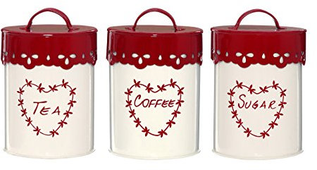 Premier Housewares 507620 Anglaise Tea/Coffee and Sugar Canisters - Set of 3, Cream/Red H14 x W11 x D11cm