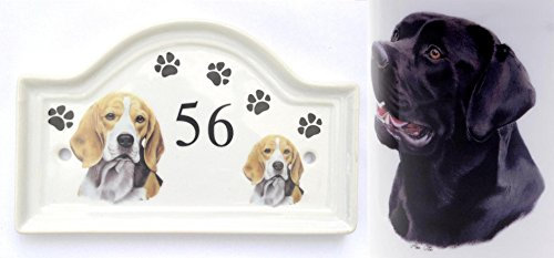 House Door Number Plaque plate Ceramic BLACK LABRADOR Dog Breed Number Sign Any Number Available Hand Decorated in the U.K. Free UK Delivery Any breed- any house number- Dog House Door Plaque Porcelain Outdoor Plaques PAWPRINTS,