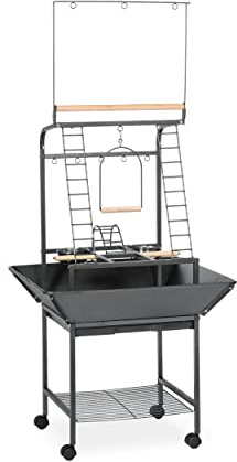Prevue Pet Products Parrot Play Stand with Wheels - Rolling Bird Stand Play Center with Perches and Ladders, Indoor & Outdoor Playground for Birds with Swing, Enrichment Accessories - Black