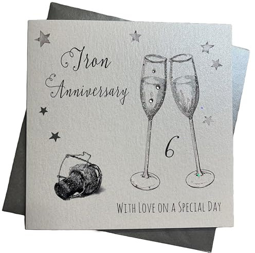 WHITE COTTON CARDS Champagne Glasses Iron Handmade 6th Anniversary Card, White, WA6,16cm x 16cm