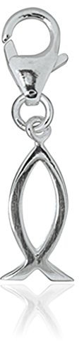 Charm Anhänger Ichthys Fisch 28 mm, 925 Sterling Silber mit Karabiner für Armband Kette Fischsymbol Glücksymbol Talisman