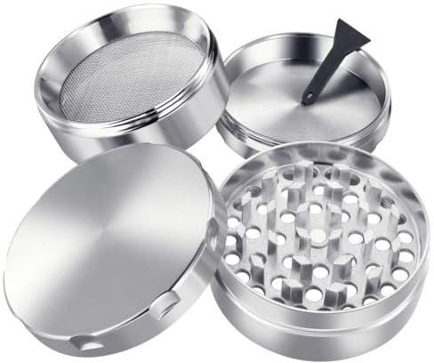 iLC Grinder Crusher Mühle für Spice,Kräuter,Gewürze,Herb,Kaffee mit Pollen Scraper 2 - Gemacht aus Zinklegierung - 4 Teiliges - Diamantförmige Zähne (Silber)
