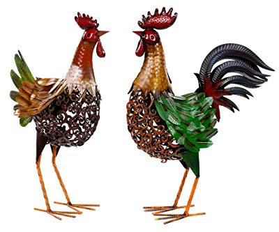 Riesiges dekoratives Metall Figurenpaar Hahn und Henne Set NA681 + 682 Hahn 55cm Huhn52 cm Hand bemalt Gartenfigur Dekorationsfigur