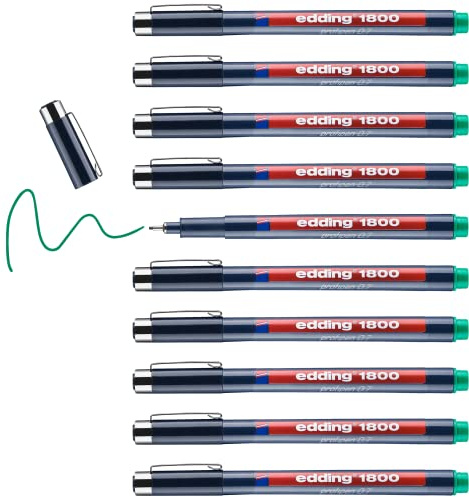 edding 1800 profipen - green - 10 pens - line width 0.7 mm - fineliner pen for precise writing, sketching and technical drawing - fine, metal-encased nib - suitable for use with rulers and stencils