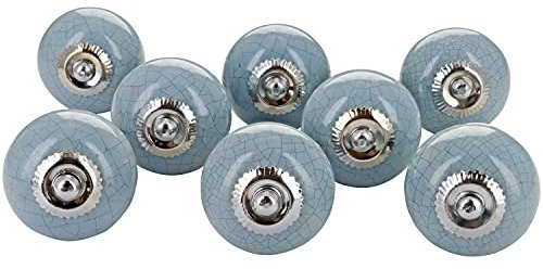 G Decor Blue-Grey Crackle Handmade Design Round Ceramic Door Knobs, Vintage, Shabby Chic, Interior Furniture, Cabinet Wardrobe Cupboard Drawers Pulls Handles (8-Pack)