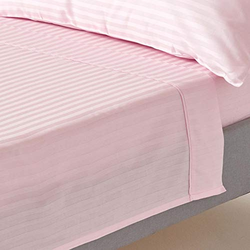 HOMESCAPES Pink Pure Egyptian Cotton Flat Sheet Double 330 TC 500 Thread Count Equivalent Satin Stripe Bed Sheet