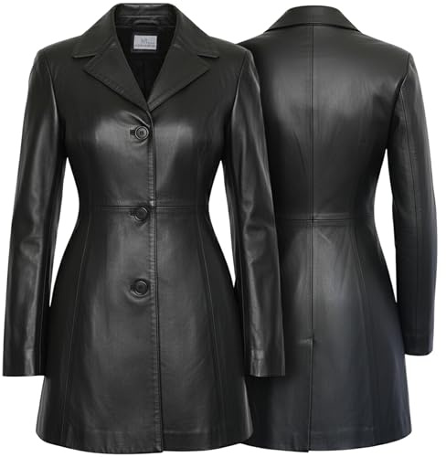 German Wear Damen Ledermantel Trenchcoat echtleder Mantel aus Lammnappa Leder Schwarz