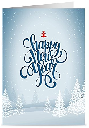 Happy New Year Cards - One Jade Lane - Winter White, 5x7, Heavy Stock, Set of 18 Holiday Cards & Envelopes.