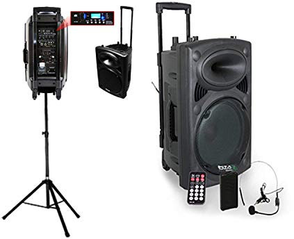 Ibiza PORT15VHF-BT Portable Active Audio Speaker + Stand (800 W, USB SD MP3 Inputs with Recording Function, 2 Microphones, Built-In Battery, Remote Control), Black