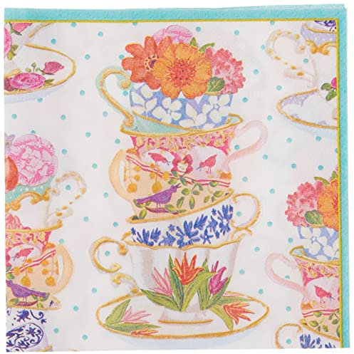 Entertaining with Caspari Cocktail Napkin, Pink Tea Cups, Box of 40