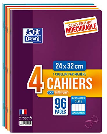 OXFORD Infinium Lot 4 Cahiers 24x32 cm Grands Carreaux Seyès 96 Pages 90gr Couverture Indéchirable 4 Couleurs Différentes
