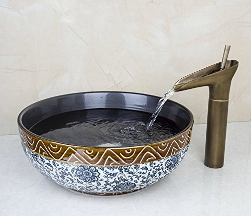 GOWE Ross Antique Brass Basin Tap+Round Hand-Painted Washbasin Lavatory Glass Sink Bath Combine Brass Tap Mixer Faucet