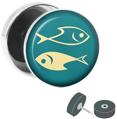 Treuheld® | Fake Plug Sternzeichen Fische - Ø 10mm Bild Ohrstecker mit Motiv zum Schrauben - Chirurgenstahl Ohr Faketunnel Silber - Tunnel Ohrringe Ohrring Stahl Fakeplug