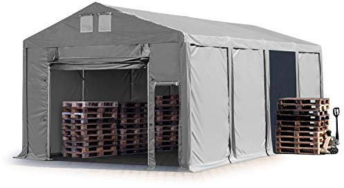 TOOLPORT Lagerzelt Industriezelt 6x8 m Zelthalle mit 3m Seitenhöhe PVC Plane 850 N grau wasserdicht Ganzjahreszelt mit Hochziehtor