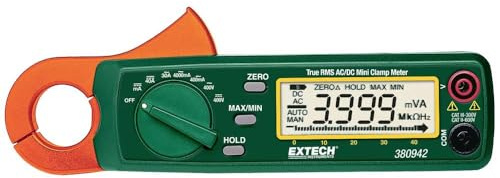 Extech 380942 True RMS 30A AC/DC Mini Clamp Meter, 0.1mA Resolution | Low current sensitivity, voltage via leads, bargraph, auto zero, min/max, data hold, leads, case