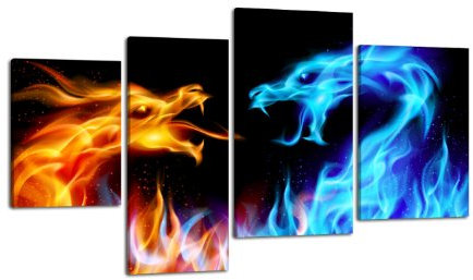 Leinwandbild Feuerdrachen LW353 Wandbild, Bild auf Leinwand, 4 Teile, 180x115cm, Kunstdruck Canvas, XXL Bilder, Keilrahmenbild, fertig aufgespannt, Bild, Holzrahmen, Abstrakt, Asia, Drache