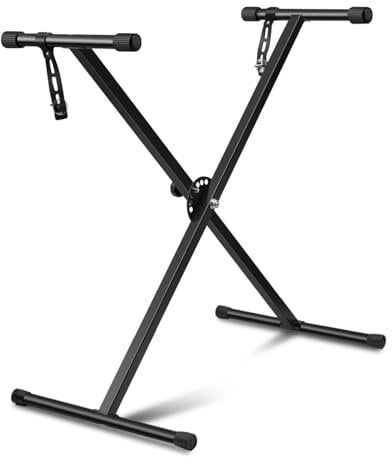 Flexzion Classic Keyboard Stand Musician Electronic Piano Organ Single Tube X Type 7 Position Folding Adjustable Height Metal Braced Rack Portable with Locking Straps