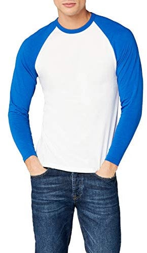Fruit of the Loom Men's Baseball Classic Long Sleeve T Shirt, White Royal Blue, XXL UK