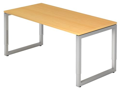 bümö höhenverstellbarer Schreibtisch R-Serie 160x80 cm in Buche, Gestell in Silber - PC Tisch für's Büro manuell höhenverstellbar, Computertisch verstellbar