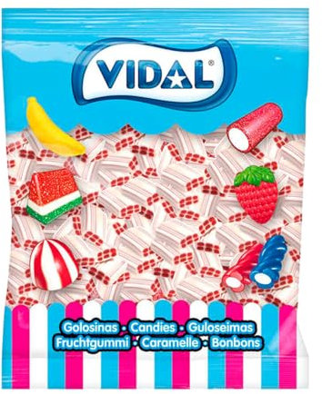 Vidal Golosinas. Ladrillos Blancos Fresa Nata. Regaliz relleno con sabor fresa y nata, con cobertura ácida. Color blanco por fuera y rojo por dentro. Sin gluten ni grasa. Bolsa 250 u
