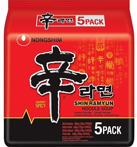 Nong Shim Instantnudeln Shin Ramyun – Koreanische Rindfleisch Ramen Suppe sehr scharf - schnelle Zubereitung – 1er Multipack - 5 x 120g