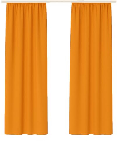 Bestlivings Dekoschal Ellen 2er Pack inkl. Raffhalter (140x145cm / Orange) Vorhang Blickdicht Aber Lichtdurchlässig mit Kräuselband Gardine mit Universalband