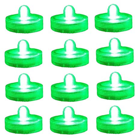 Bright LED Battery Operated Flameless Tea Light, Submersible Tea Candle Waterproof Decorations Underwater Vase Light for Party and Wedding, Pack of 12, Green