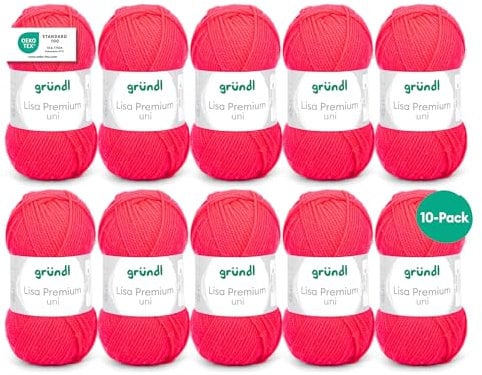 Gründl Wolle Lisa Premium uni - 10 x 50 g - Wolle zum Häkeln - Wolle zum Stricken - 100 % Polyacryl- Weich & Pflegeleicht- Nadelstärke 3,5-4,5 - Neonkoralle