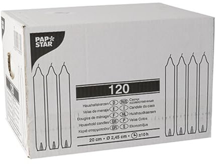 PAPSTAR 1 Karton = 1x120 Haushaltskerzen mit Dornloch Ø 2,5 cm · 19,5 cm Weiss 13870