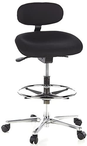 hjh OFFICE 608300 Arbeitsstuhl hoch Work MF Stoff Schwarz Stehhilfe Büro Drehhocker mit Lehne & Rollen, höhenverstellbar