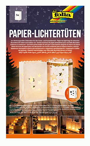 folia 11910 - Lichtertüten aus schwer entflammbarem Papier, Sterne, 5 Stück, je ca. 19 x 11,5 x 7 cm, stimmungsvolle Tischdekoration im Advent und zu Weihnachten