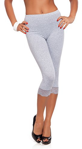 FUTURO FASHION Cropped 3/4 Lenght Cotton Leggings with Lace I Leg Side Floral Lace Capri Leggings I Sexy Summer Cropped Leggings I Sizes 8-22 UK Ashen