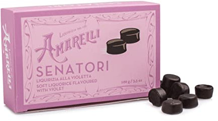 Amarelli Senatori alla Violetta 100g – Liquirizia Artigianale Italiana con Gomma Arabica, Gusto Floreale Intenso, Senza Zucchero, Confezione Lilla