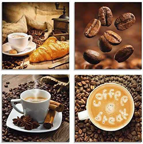 ARTland Wanddeko Glasbilder Wandbild Glas Bild Set 4 teilig je 40x40 cm Quadratisch Kaffee Cafe Coffee Kaffeetasse Croissant Kaffeebohnen Frühstück S6BS