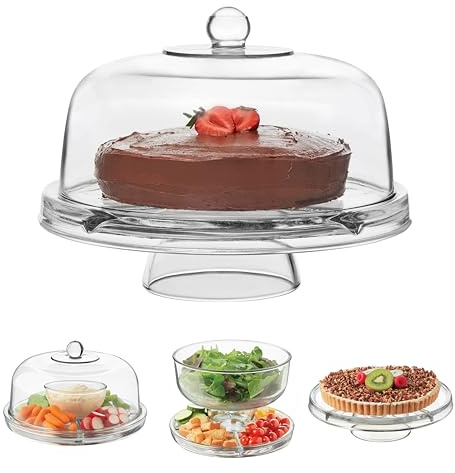 Libbey Selene 6-in-1 Domed Cake Stand, Unique Space Saving Glass Cake Stand with Dome, Multi-Purpose Dip Bowl To Serve Snacks and More